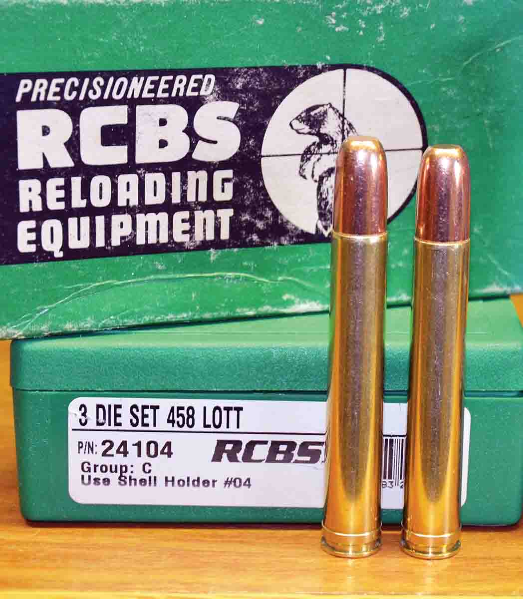 RCBS dies made during the 1950s for the .450 Watts work perfectly when used to load the .458 Lott. The same goes  for .458 Lott dies of more recent production. Note that the .450 Watts case (left) is slightly longer than the .458 Lott  case (right).